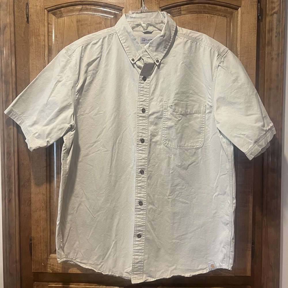 Carhartt Rugged Short‎ Sleeve Relaxed Fit Cotton Button Up Shirt Men's Beige XL